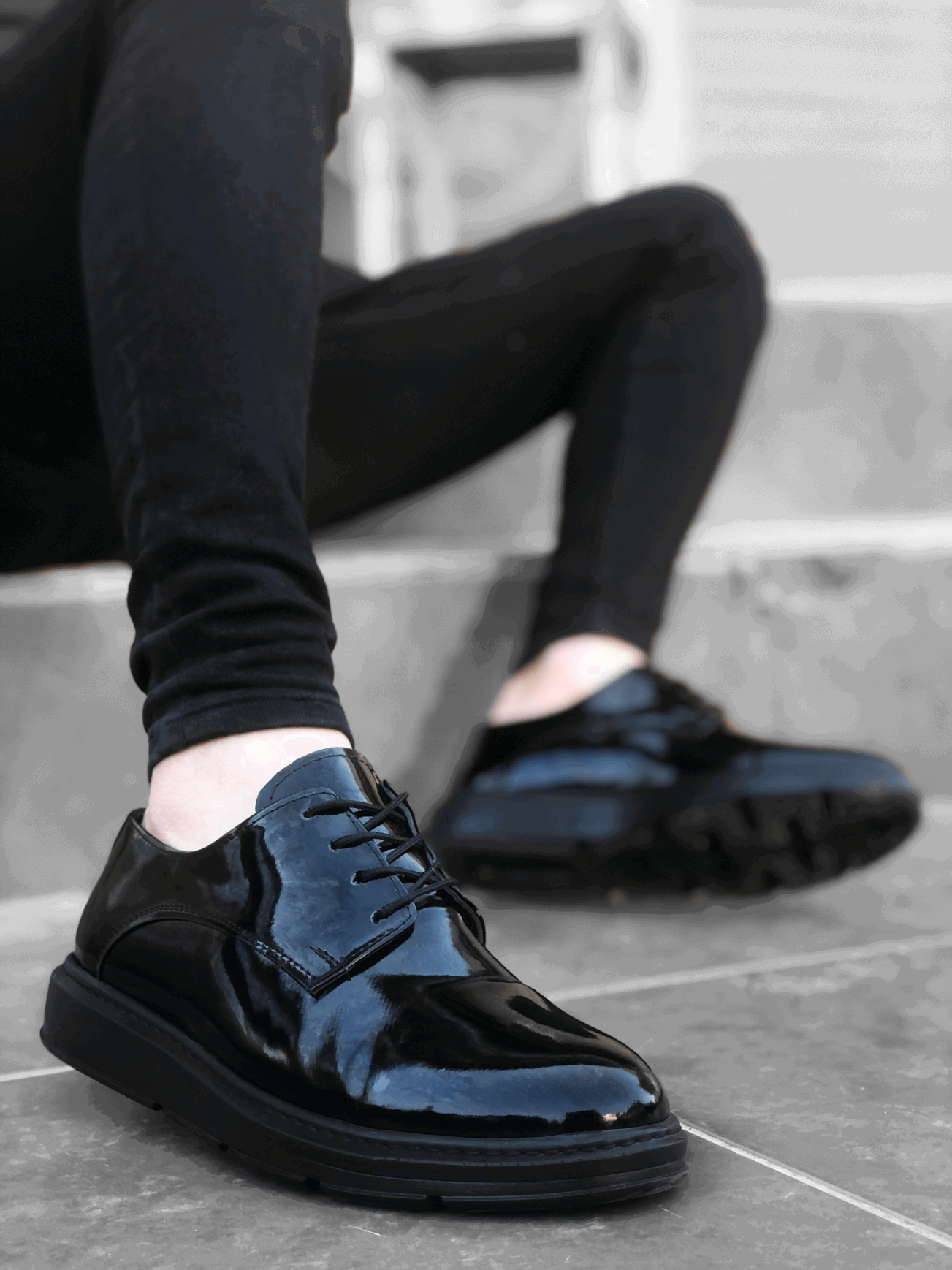 Lace-up Classic Black Black Sole Patent Leather High Sole Casual Men's Shoes