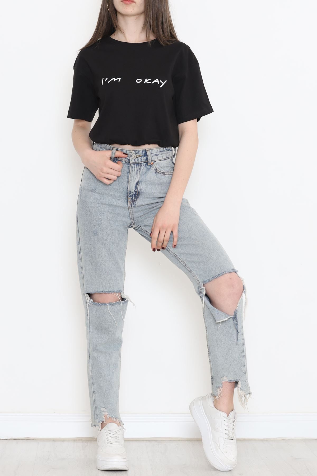 Elastic Waist Crop T-Shirt Black