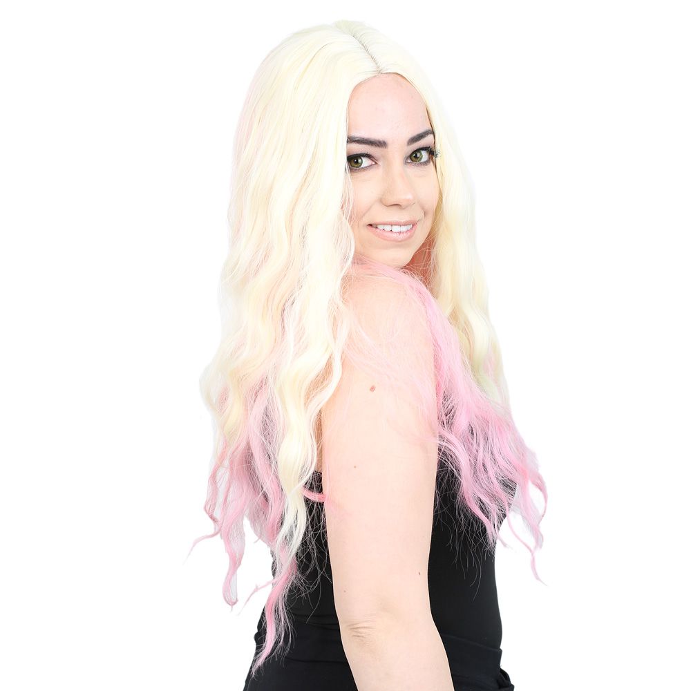 Kanekalon Fiber Synthetic Long Water Wavy Look Wig / Platinum / Pink Ombré