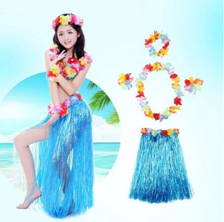 Luau Aloha Hawaii Party Skirt, Crown and Bracelet Set Blue