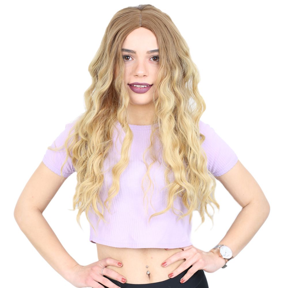 Kanekalon Fiber Synthetic Wig / Auburn / Yellow Ombré with Water Wavy Look and Long Bangs