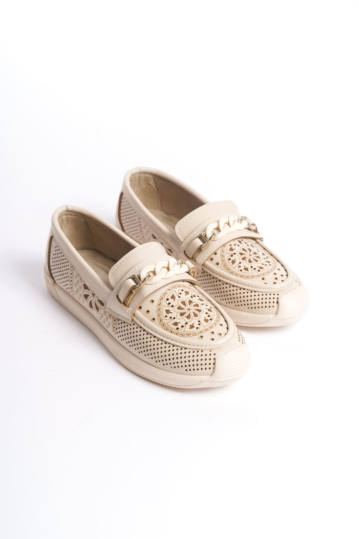 CLZ948 Lace-Up Orthopedic Comfortable Sole Floral Patterned Babet Shoes KT Cream