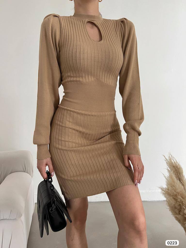 Women's Brown - Mink Drop Collar Detailed Long Sleeve Sweater Dress Mini Dress