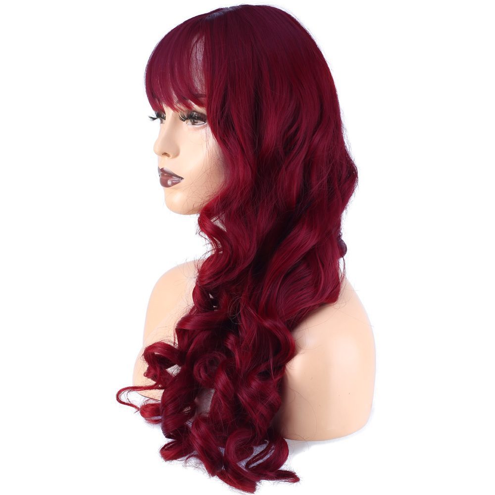 Long Kanekalon Fiber Synthetic Wig with Wavy Custom Bangs / Red