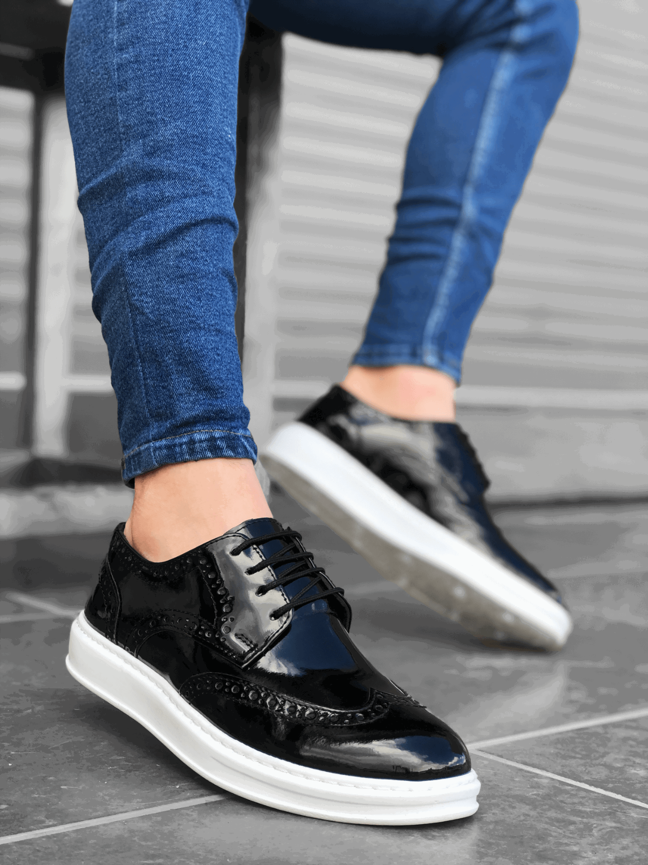 Lace-up Classic Black White Patent Leather High Sole Casual Men's Shoes