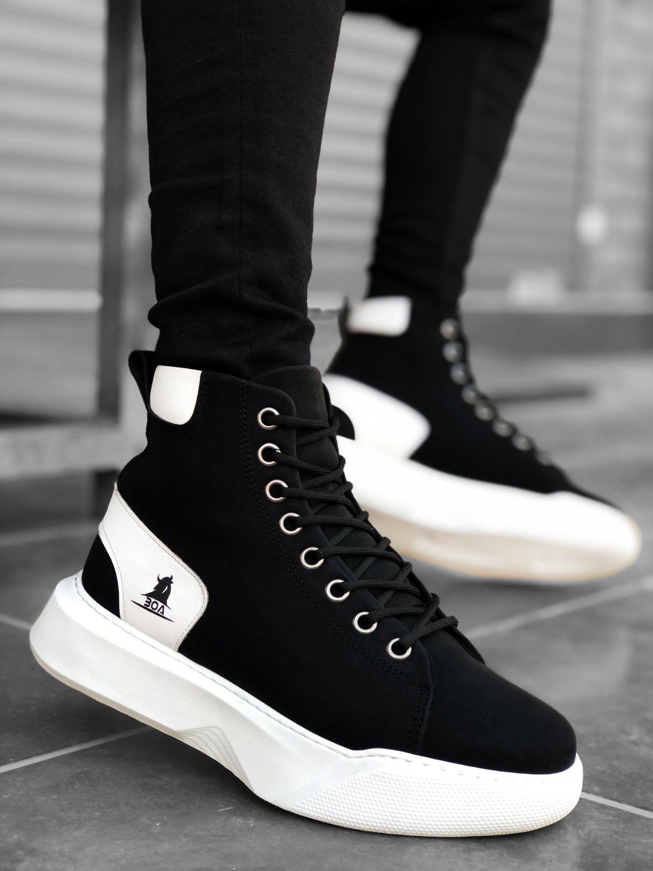 Lace-up Men's High Sole Black White Black Sole Sport Boots