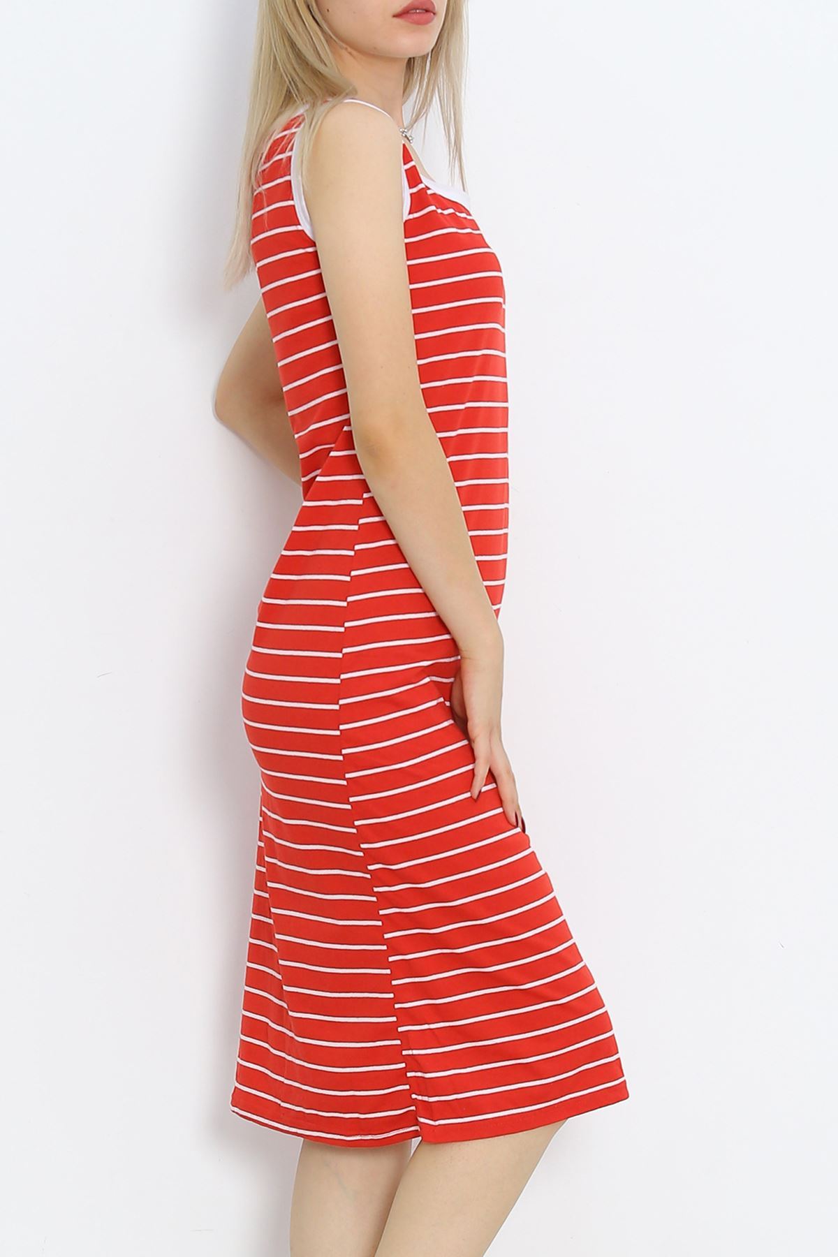 Striped Garnished Suprem Dress Red