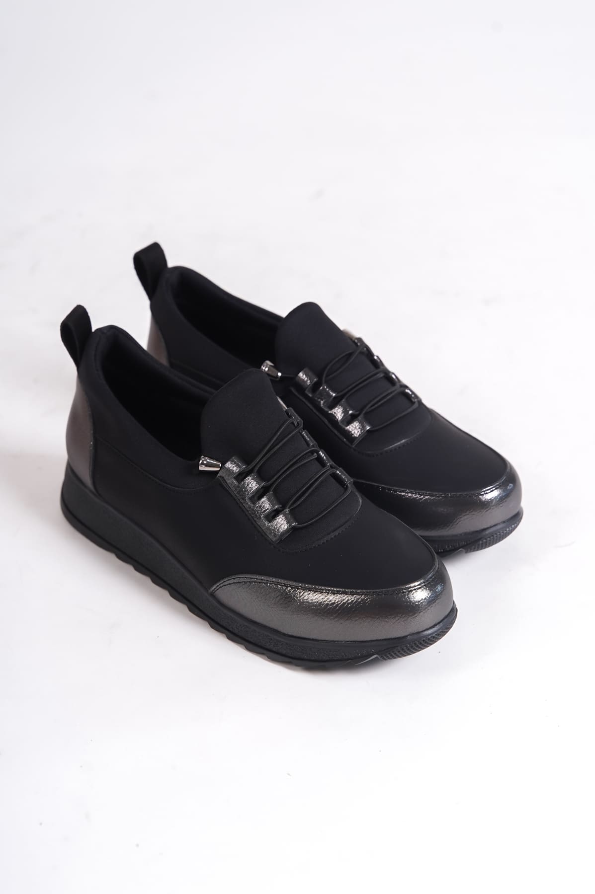 CLZ948 Lace-up Elastic Orthopedic Comfortable Sole Skin Detailed Babet Mother Shoes ST Black/Grey