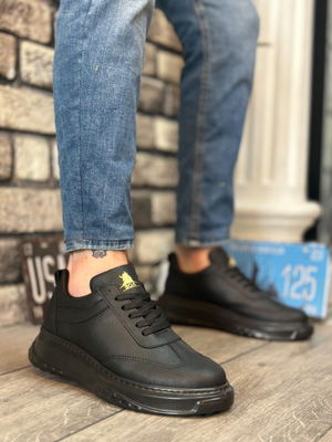 Black Thick High Sole Lace-Up Sneakers For Men