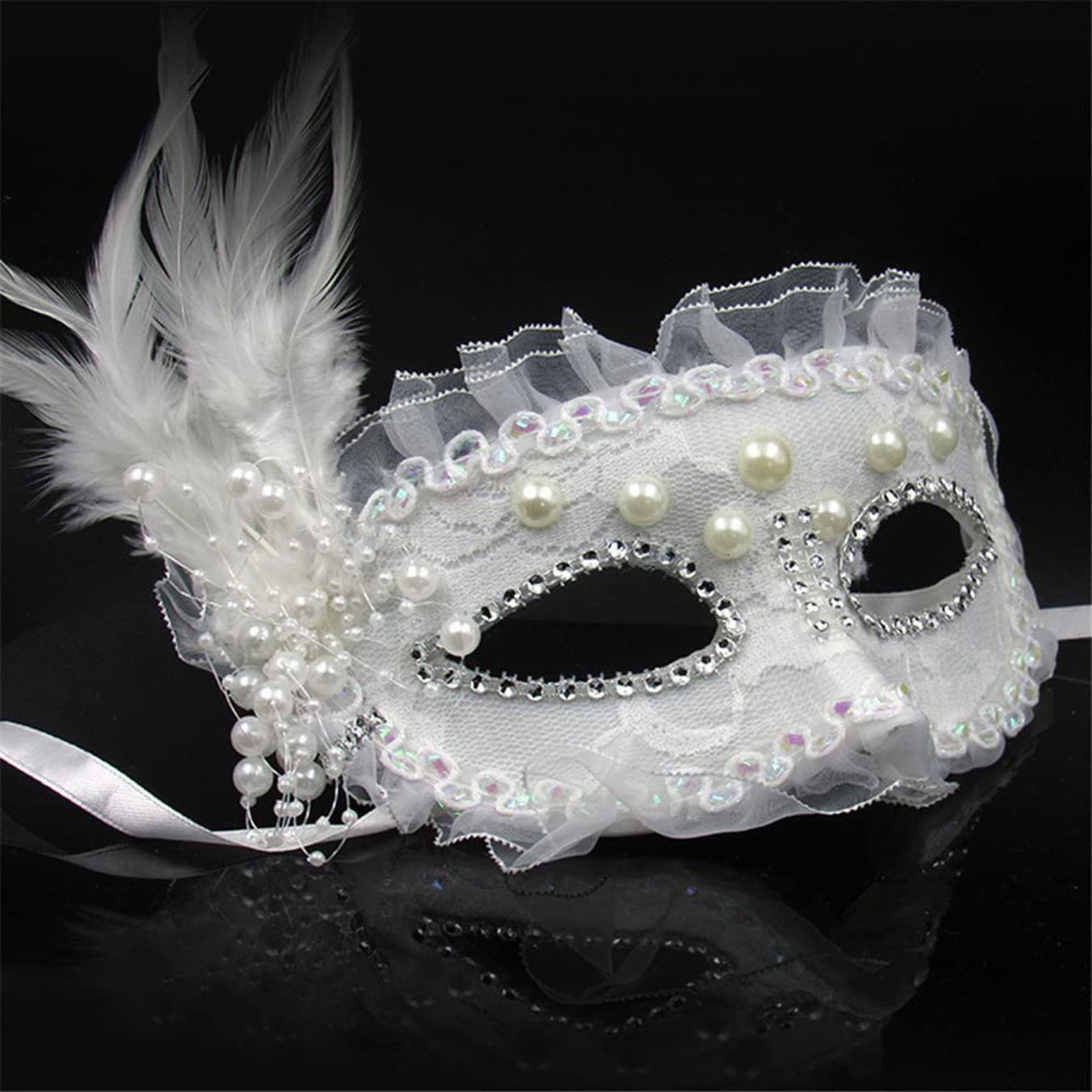 White Color Party Mask 17x12 cm with Side Feathers Pearl Embroidered Stones Lacy Party Mask 17x12 cm