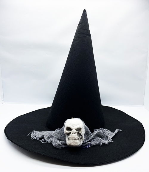 Black Color Gray Veiled Skull Themed Witch Hat 35x38 cm