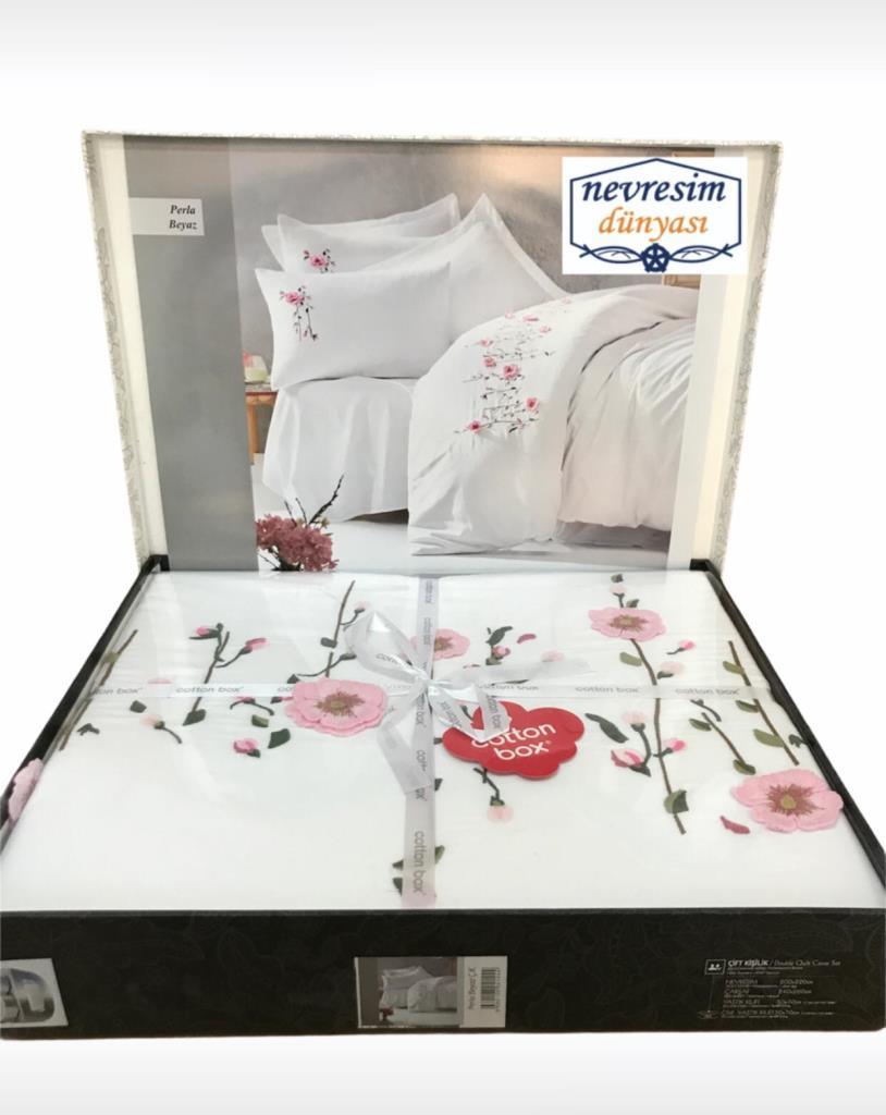 3D Embroidered Double Sateen Duvet Cover Perla White