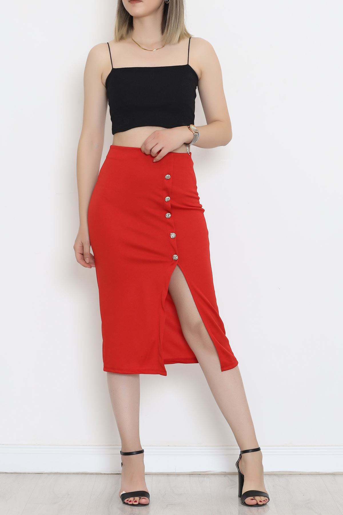 Buttoned Slit Skirt Red