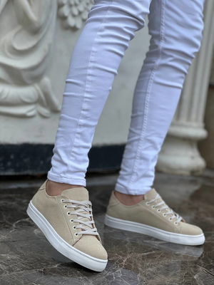 Beige Suede High Sole Lace-up Casual Men's Shoes