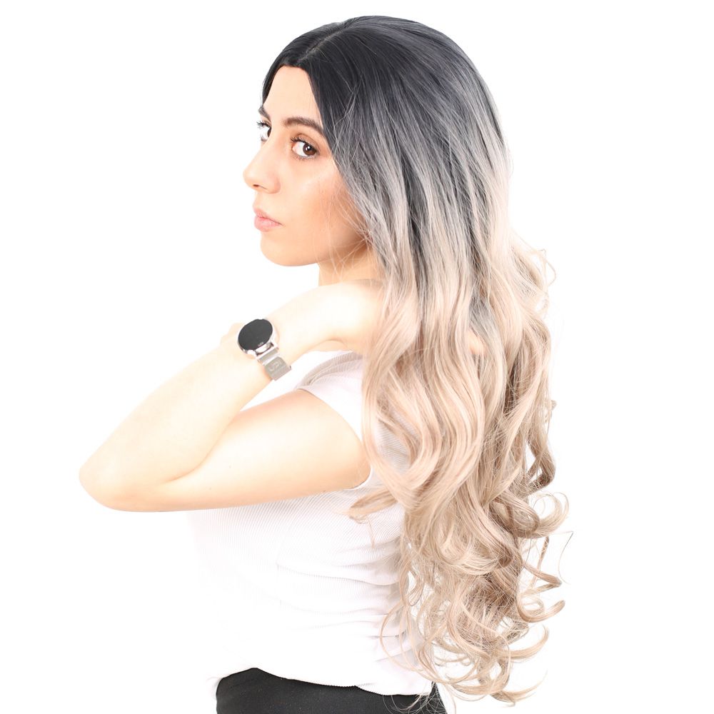 Super Dense Wavy Kanekalon Fiber Synthetic Long Bangs Toupee / Black / Ashy Baby Yellow Ombré