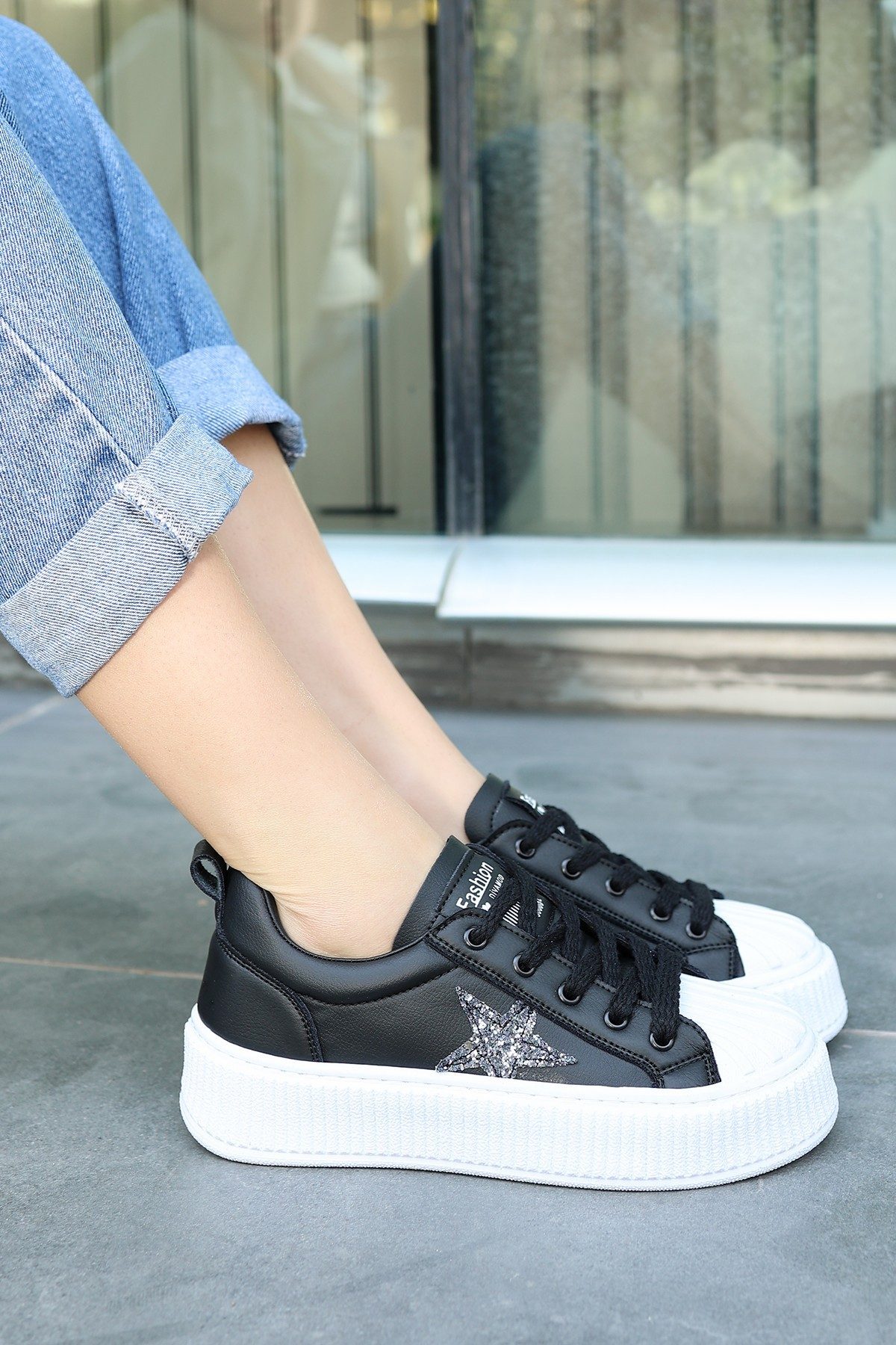 Black Skin White Sole Lace-Up Sneakers