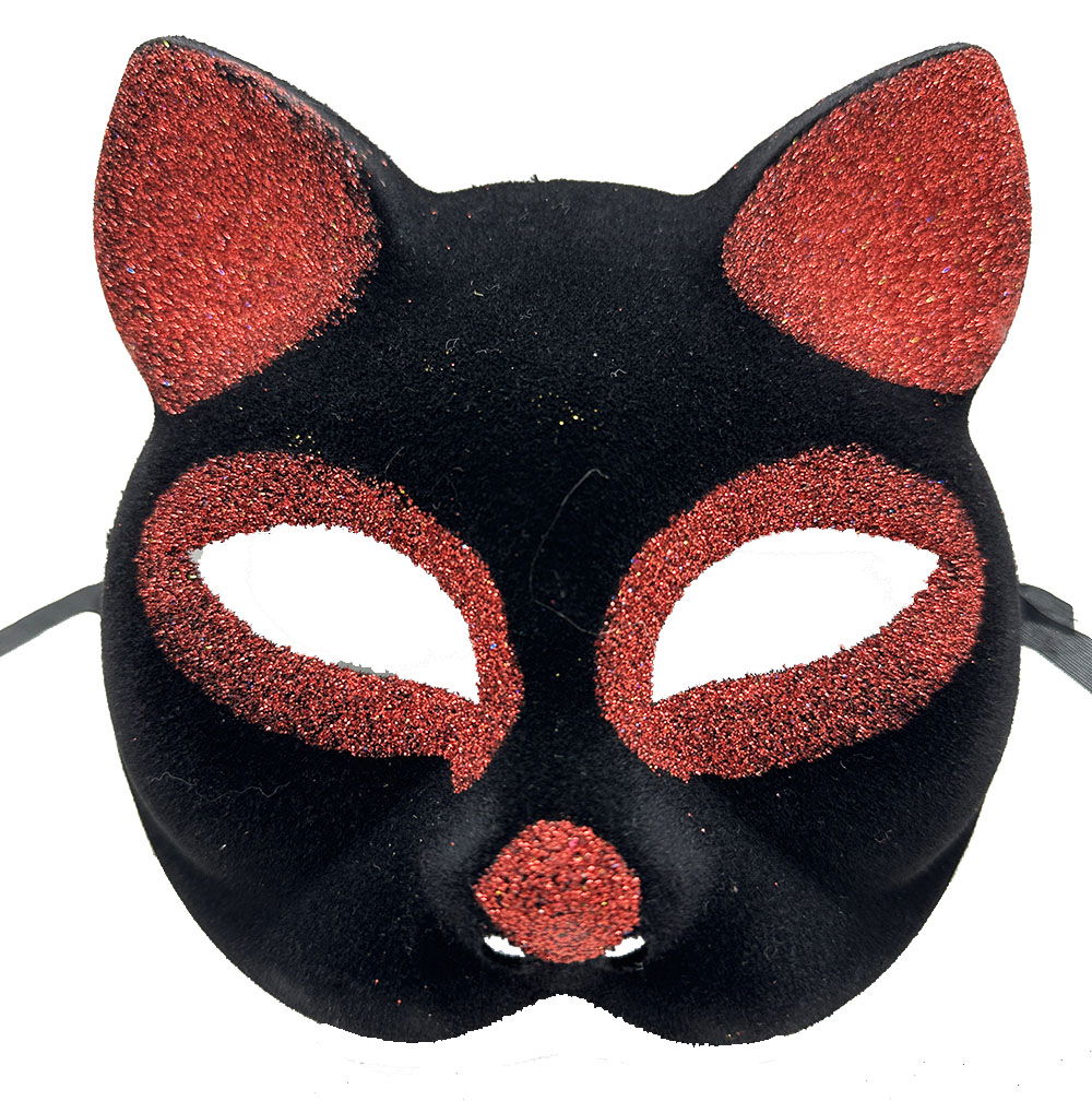 Black Color Red Silvery Suede Covering Cat Mask 18x14 cm