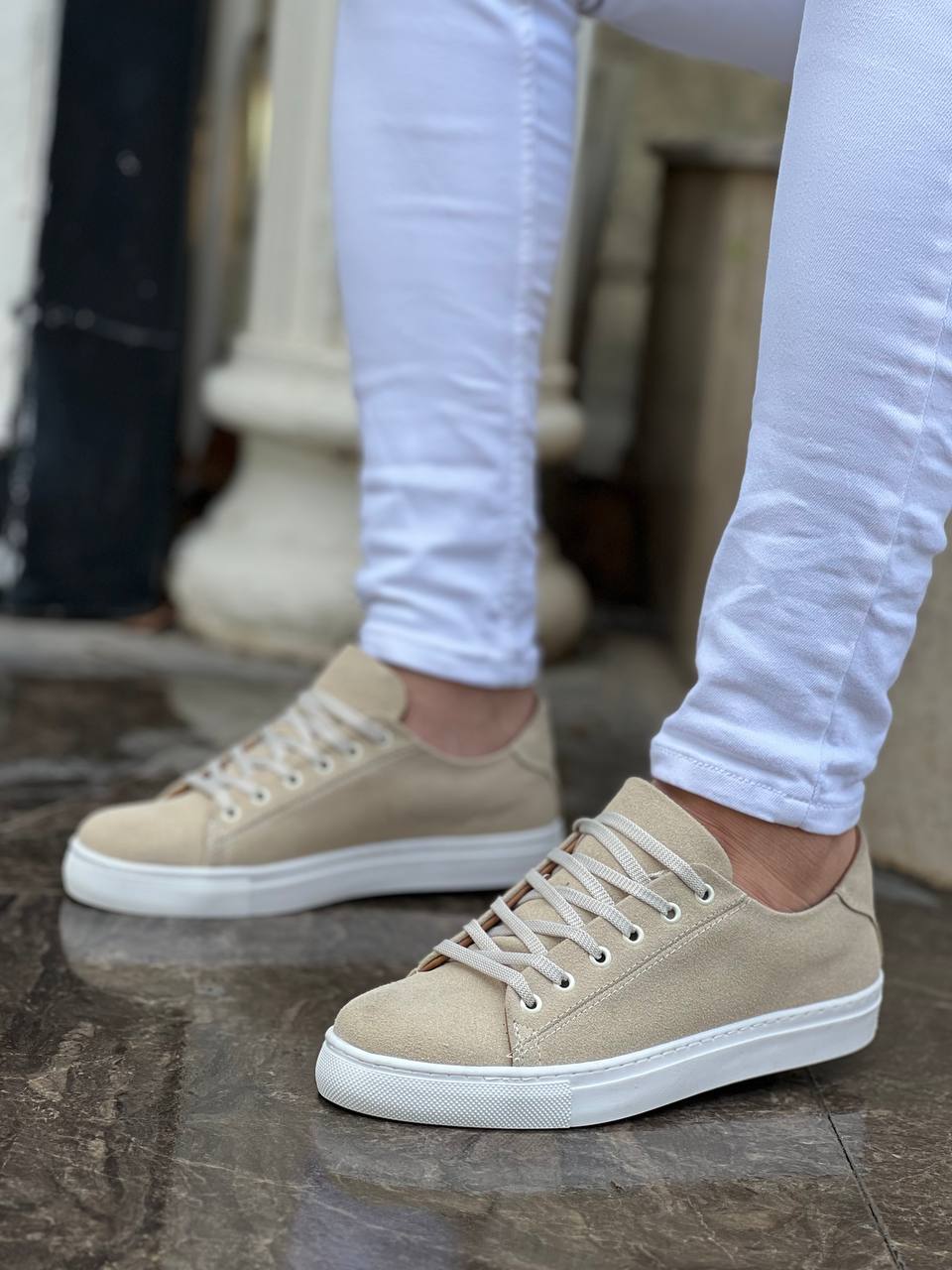 Beige Suede High Sole Lace-up Casual Men's Shoes