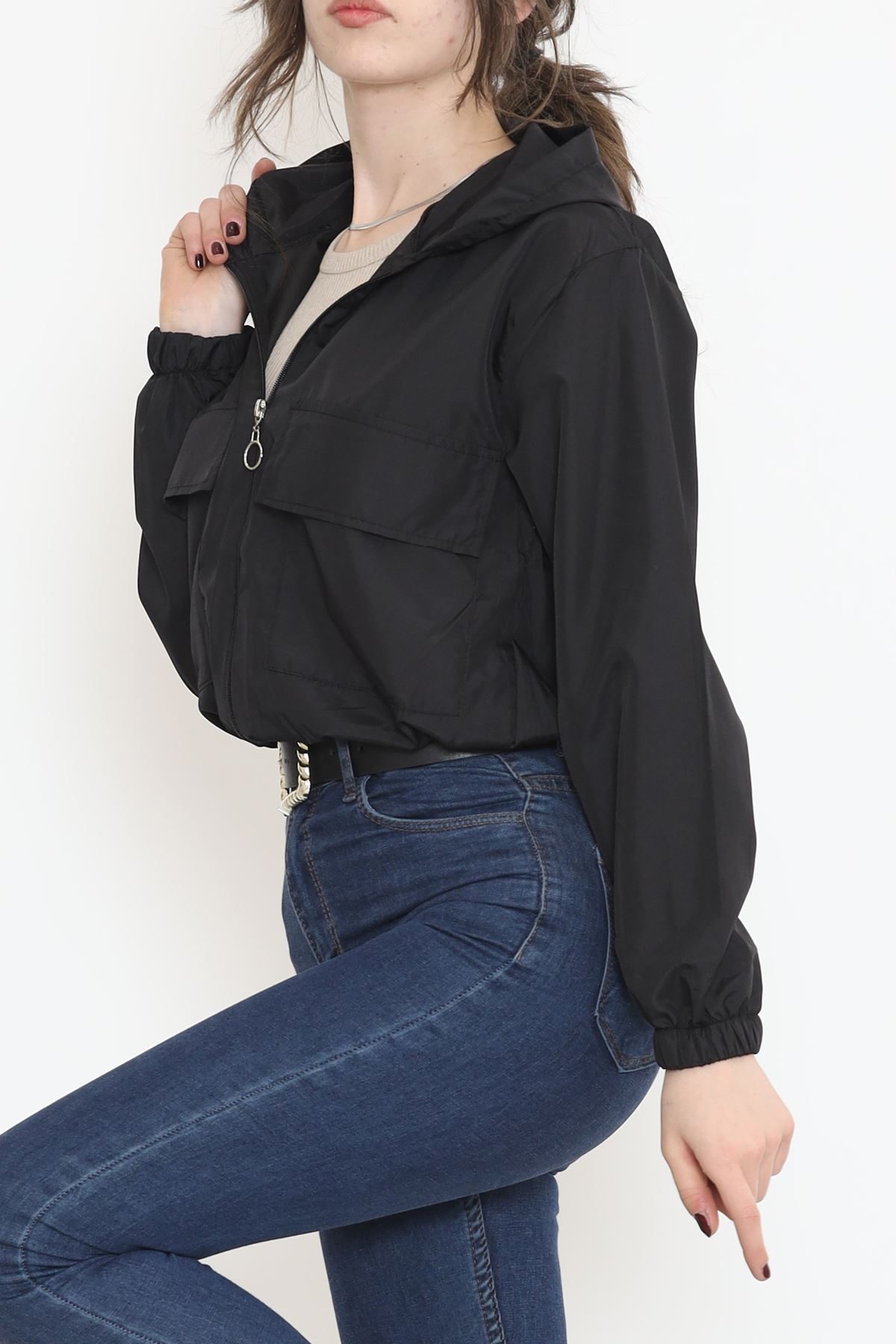 Double Pocket Crop Raincoat Black