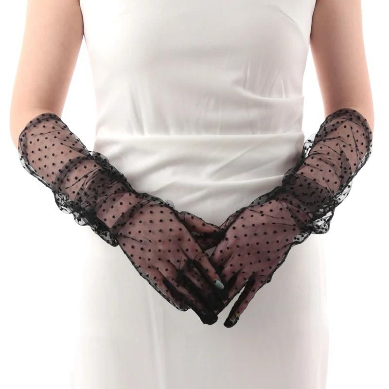 Long Length Black Polka Dotted Black Color Adult Tulle Gloves 55 cm