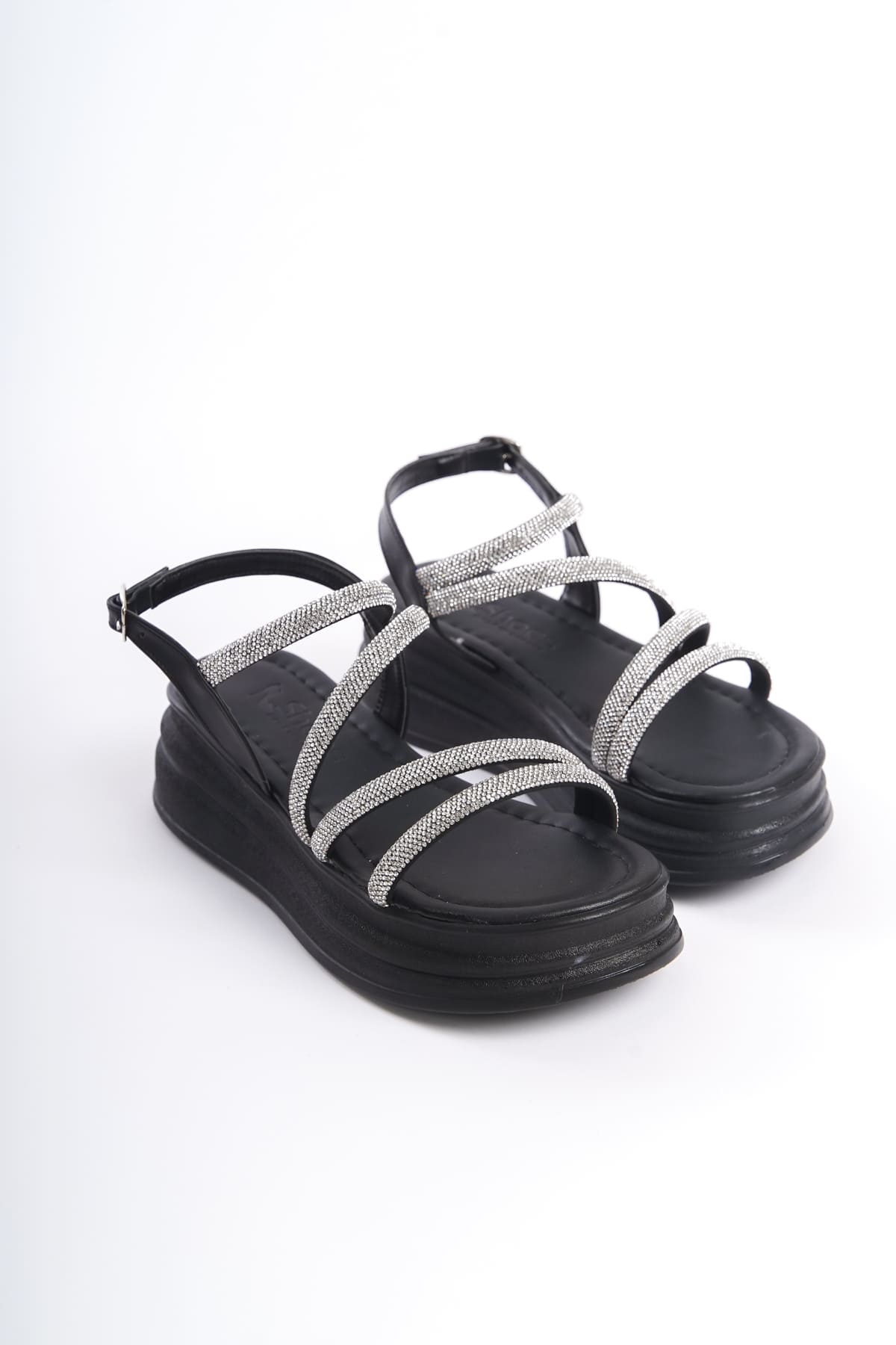 CLZ948 Women's Orthopedic Sole Sandals ST Black with Thin Buckle Stone Stripe