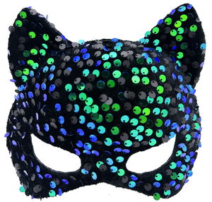 Blue Green Sequined Sequin Party Mask on Black Velvet Fabric 16x14 cm