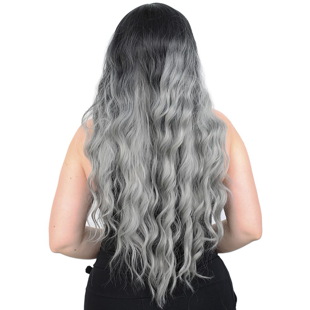 Kanekalon Fiber Synthetic Wig / Black / Gray Ombré with Water Wavy Look Long Bangs