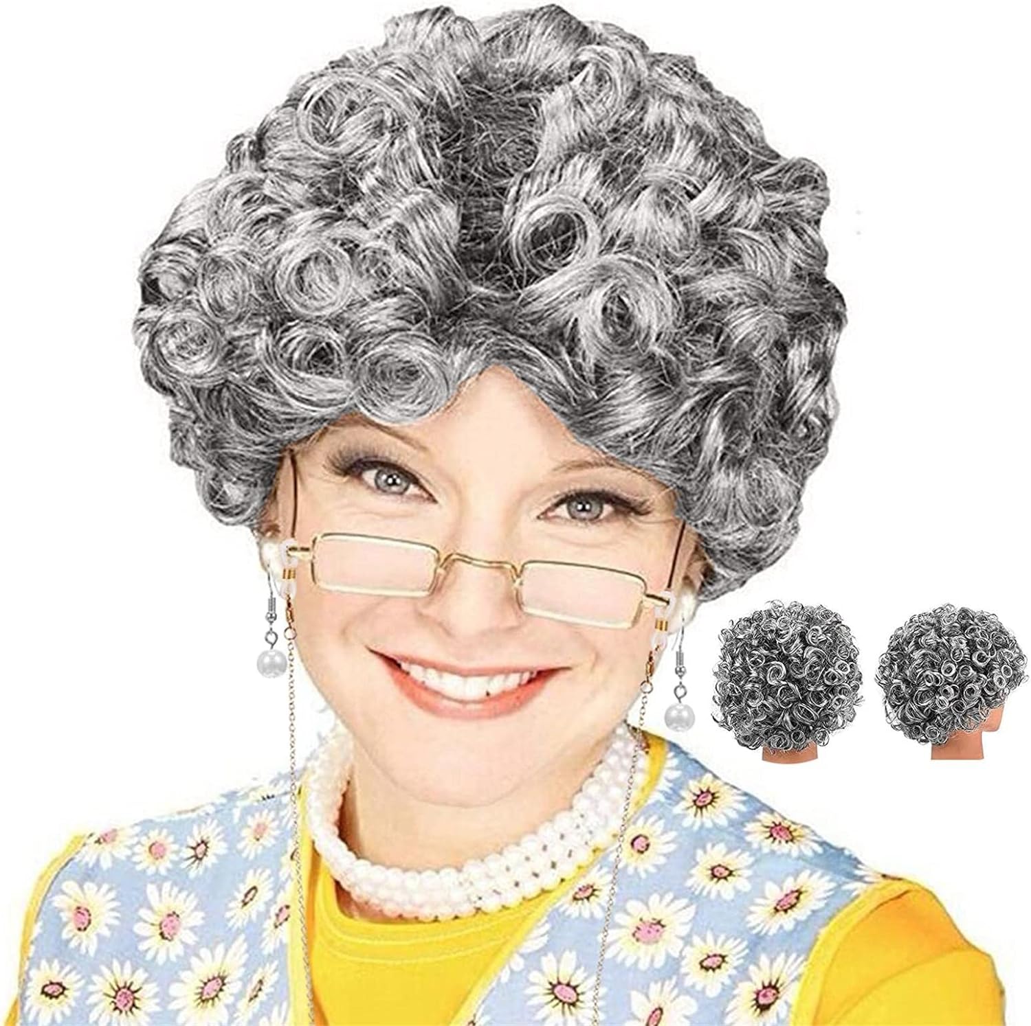 Gray Color Curly Elderly Wig Granny Wig Lined Bonus