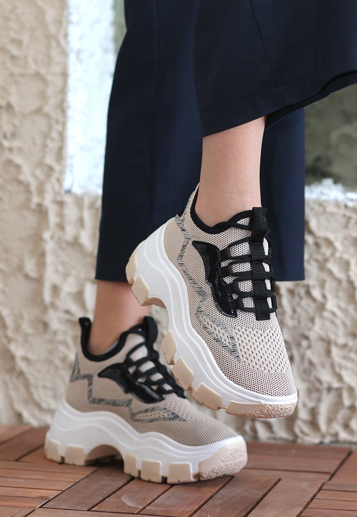 Beige Tricot Lace-up Sneakers