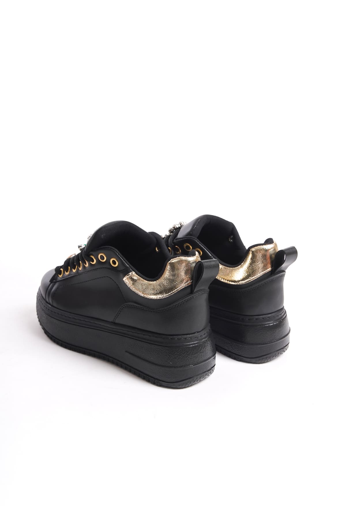 CLZ948 Lace-up Orthopedic Sole Colorful Stone Decor Women's Sneaker Shoes ST Black/Gold