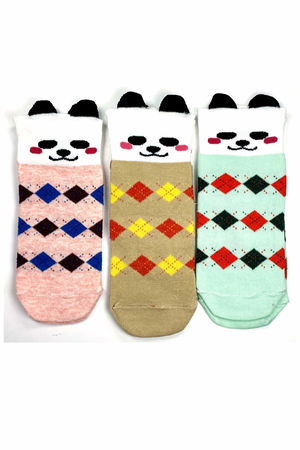 3 Pairs Dog Themed Cotton Plaid Women's Ankle Socks with 3D Ears