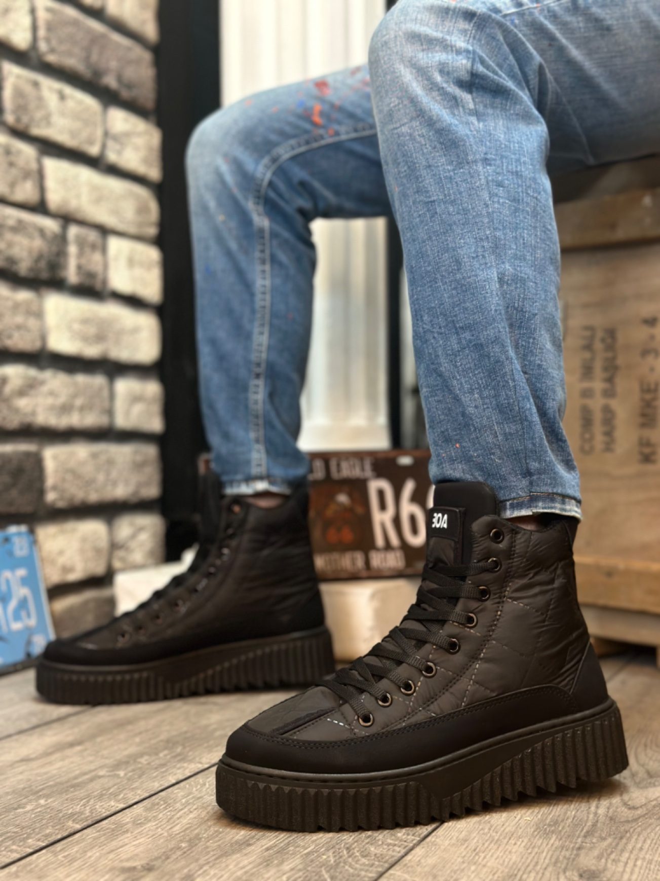 High Black Sole Black Parachute Fabric Ankle Sports Boots with Skin Detail