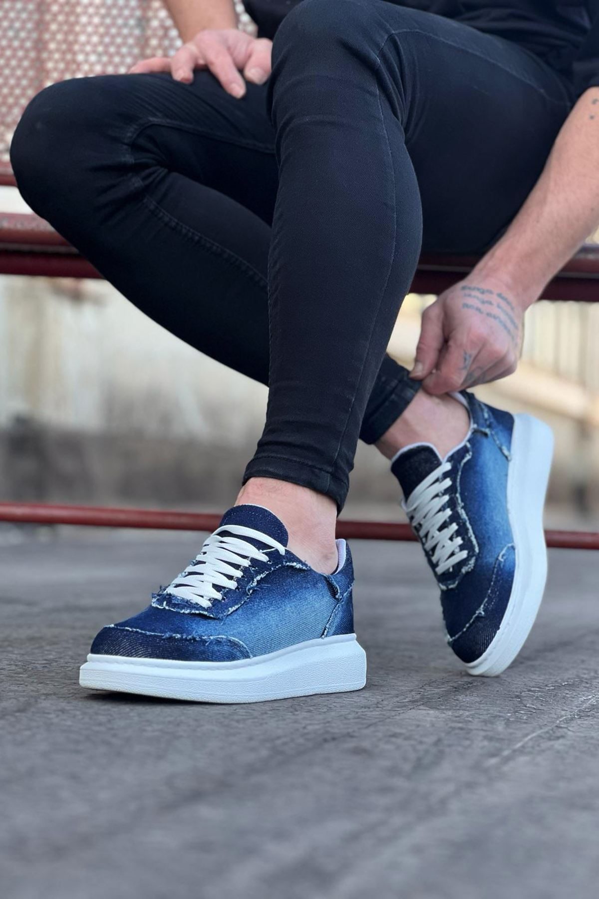 Dark Blue Denim Fabric Men's Casual Shoes