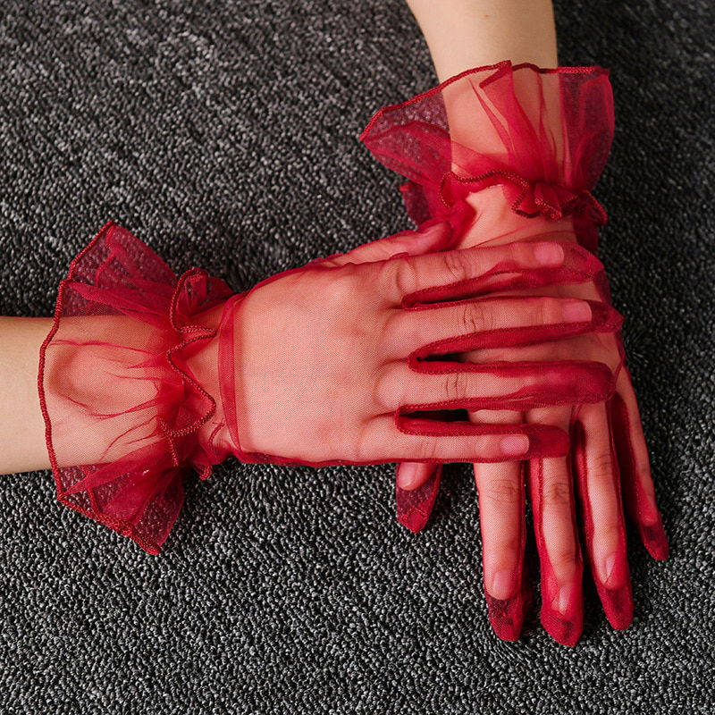 Short Length Lycra Guipure Adult Tulle Gloves Red Color