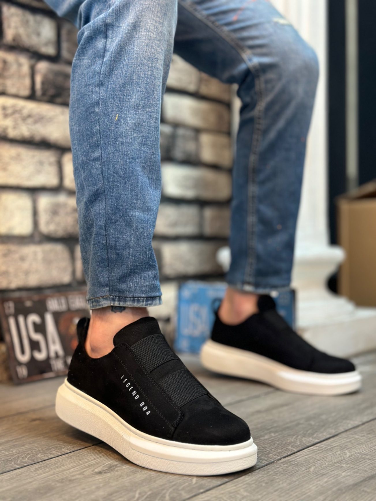 Thick Suede Double Band Black White Sole Men's Shoes