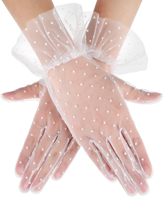 Short Length Guipure White Polka Dot Tulle Gloves White Color