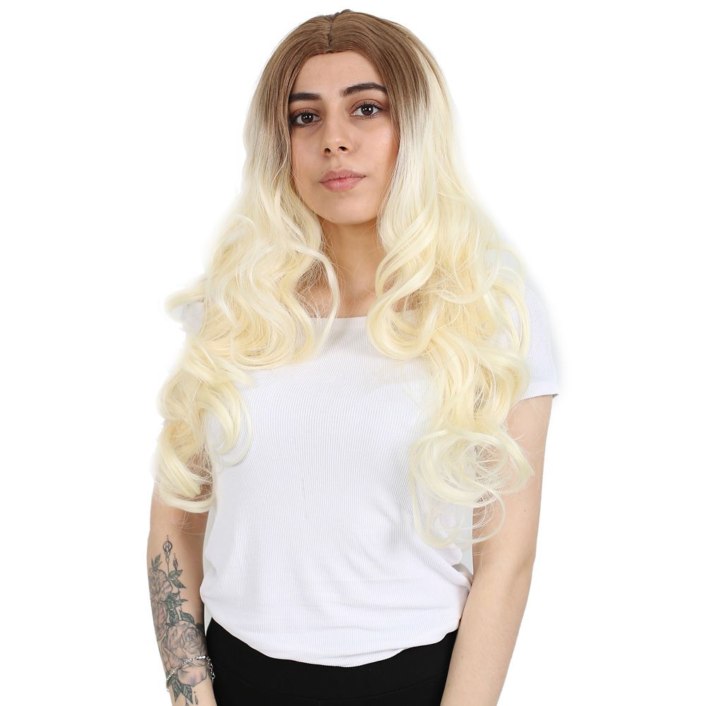 Super Dense Wavy Kanekalon Fiber Synthetic Long Bangs Wig / Balköp / Platinum Long Ombré