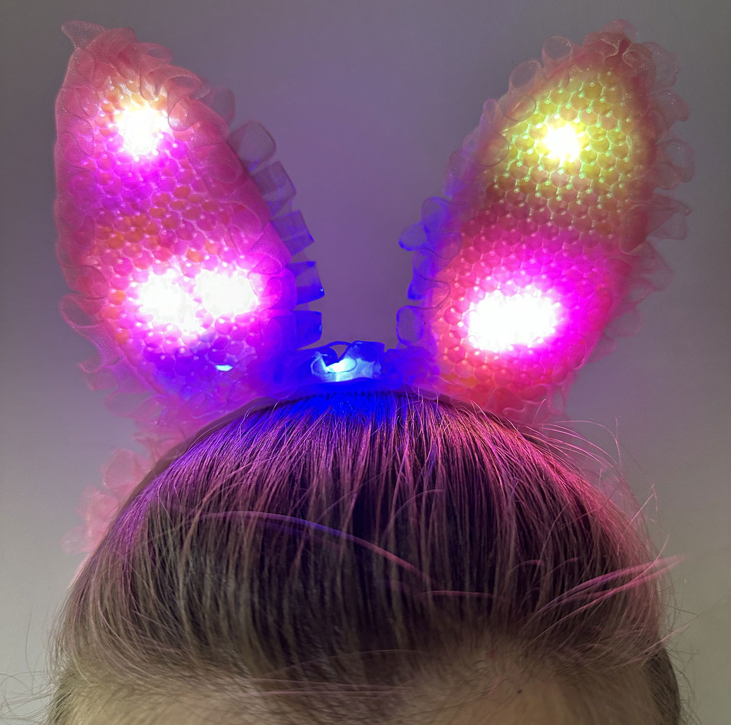 Pink Sequin Sequined Led Lighted Rabbit Ear Crown with Lace Edges 23x19 cm