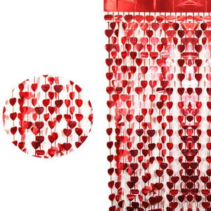 Red Color Heart Shaped Metalized Fringed Backdrop Curtain Decoration