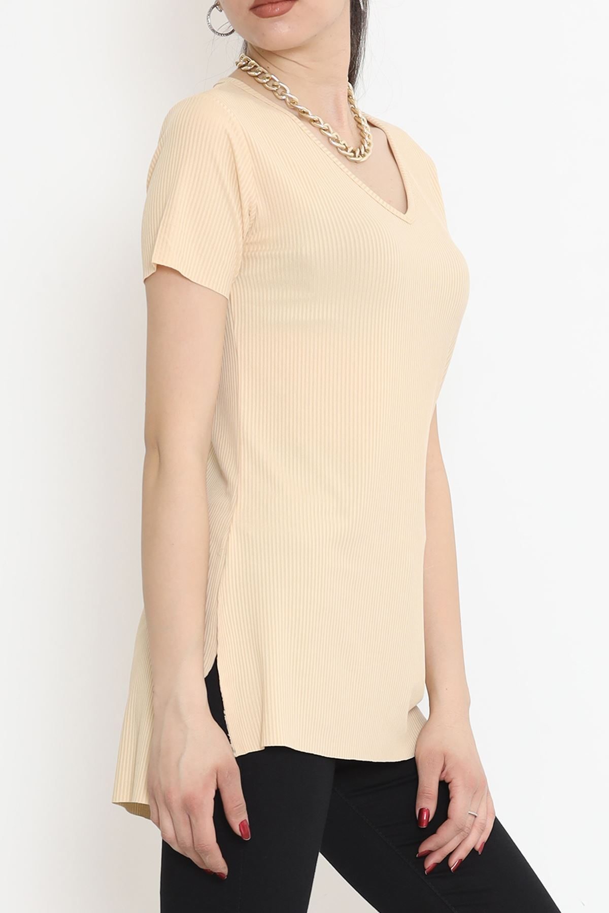 V-Neck T-Shirt with Slits Beige