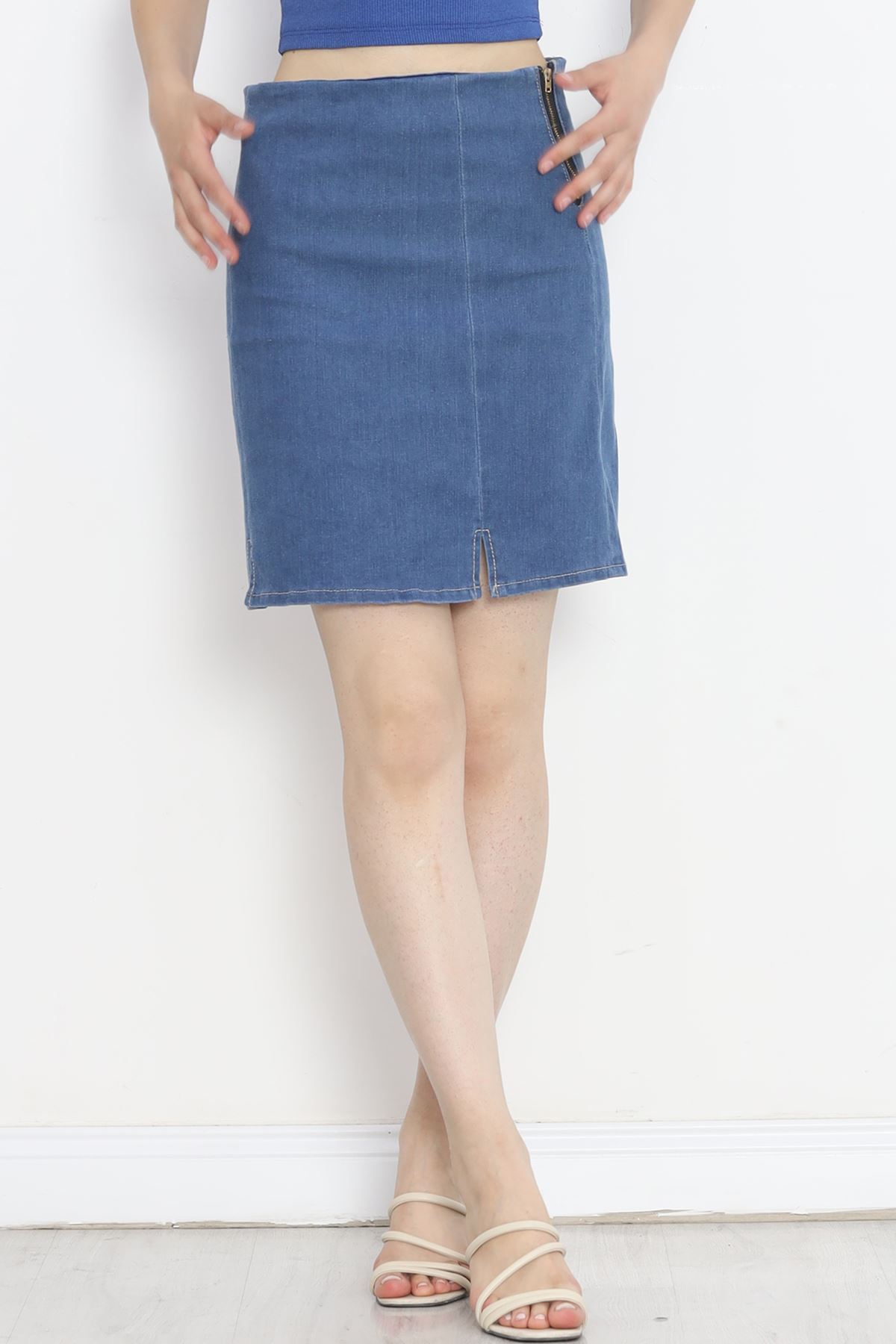 Denim Skirt with Slits Blue