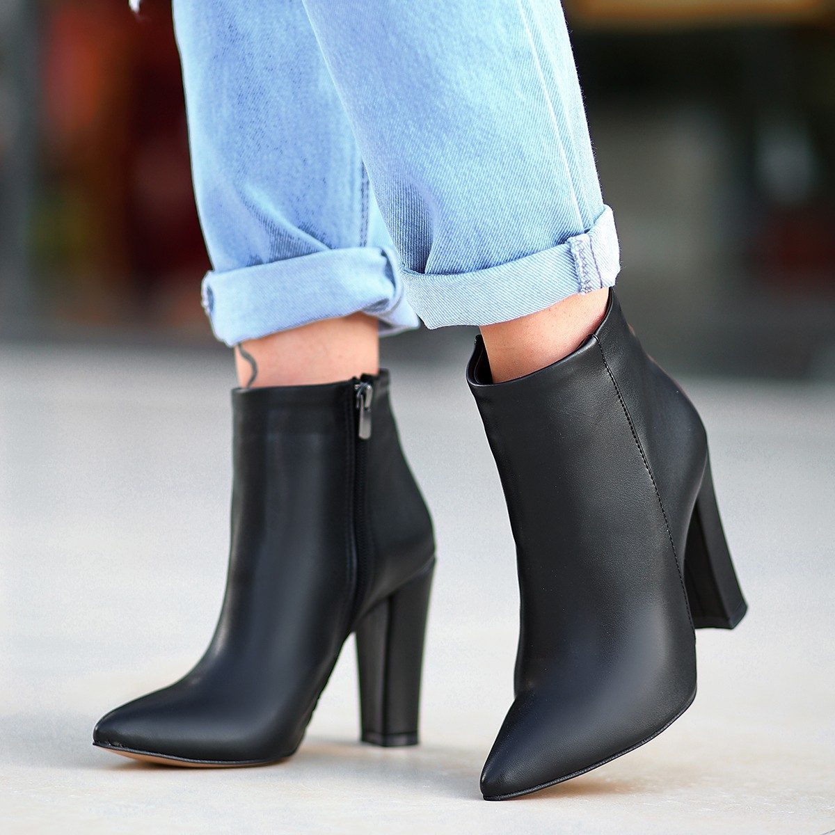 Black Skin Heeled Boots