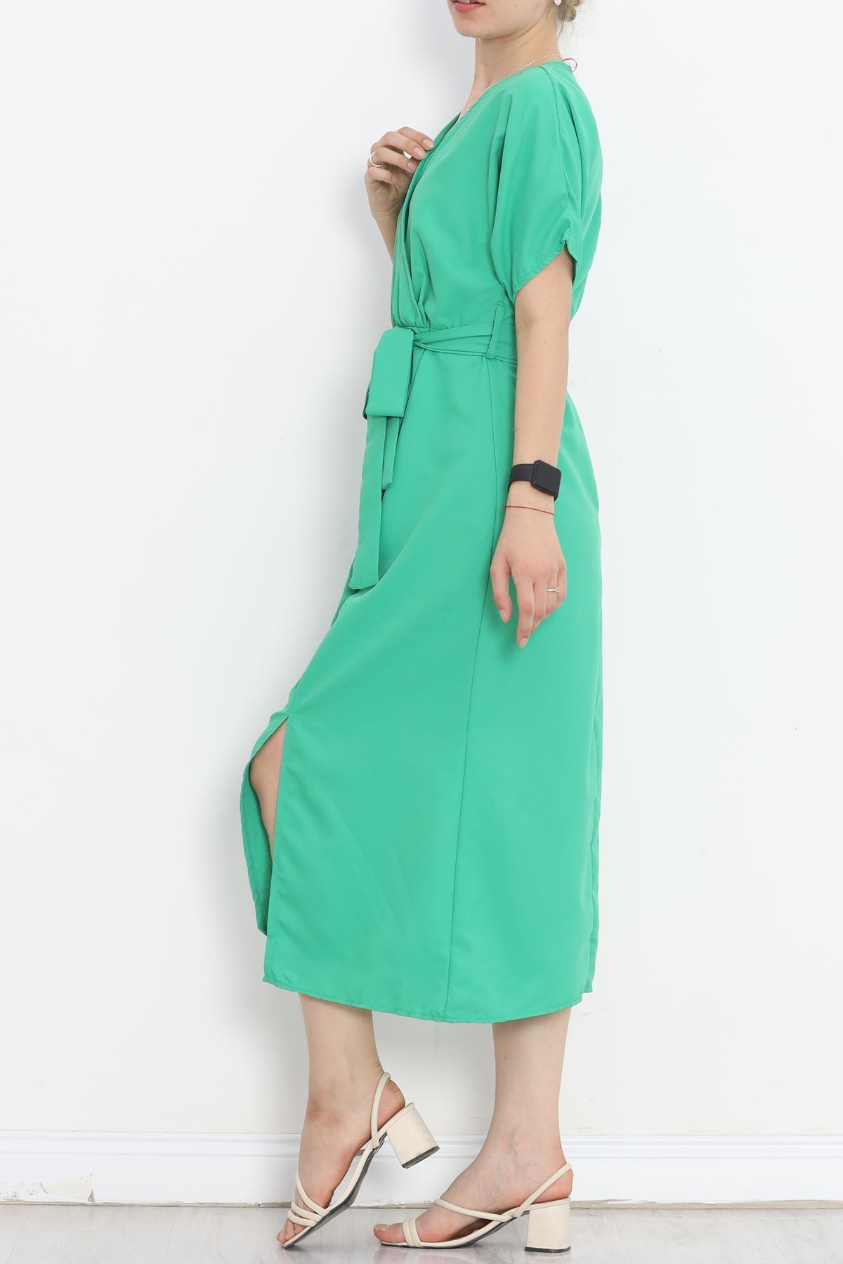 Double-breasted Collar Belted Dress Green1