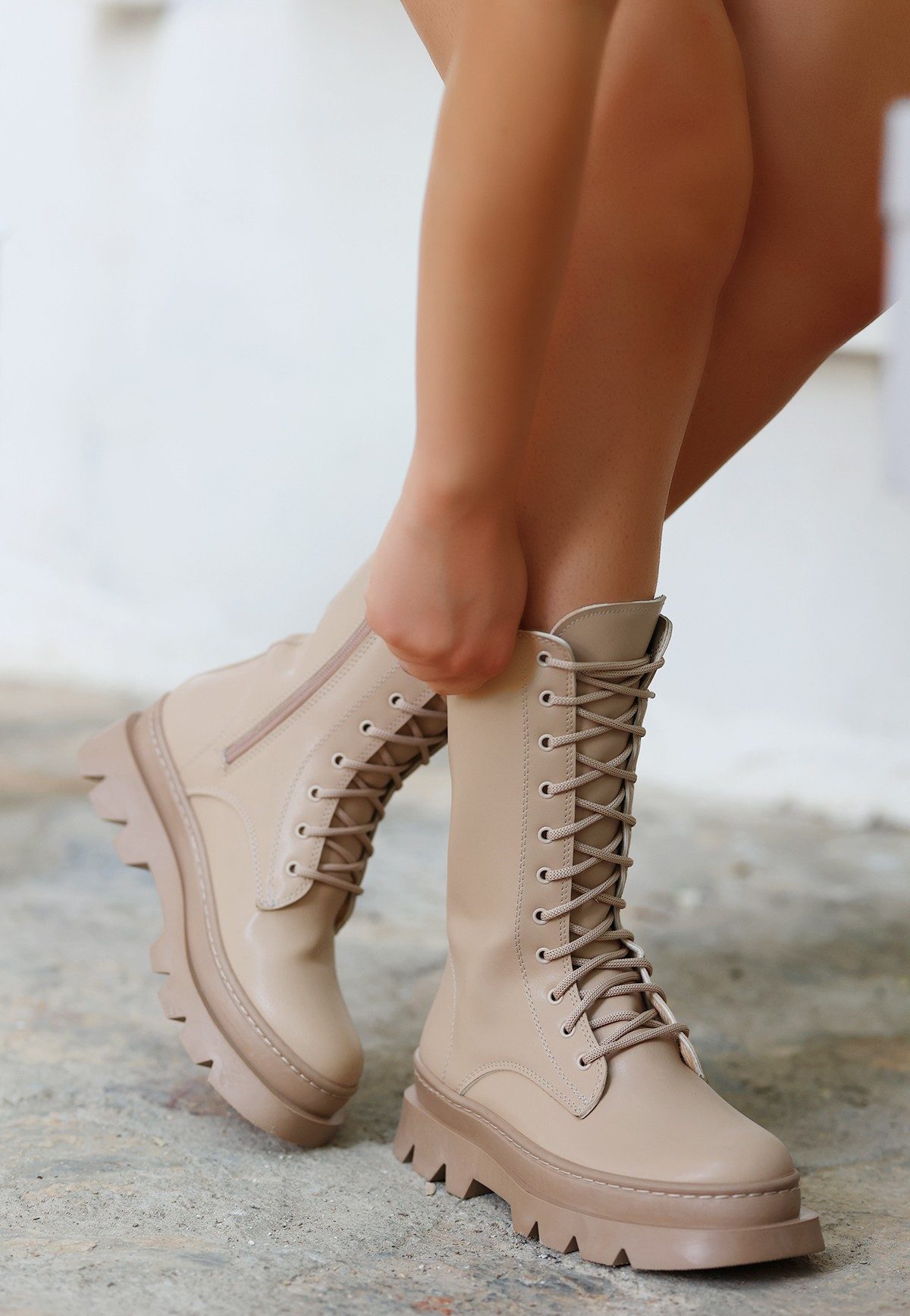 Nude Skin Lace-up Boots