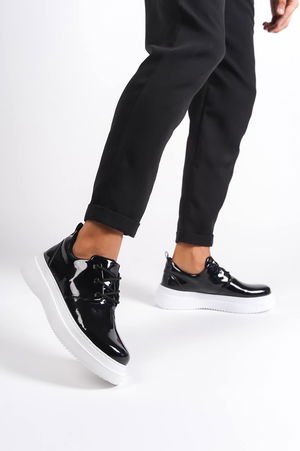 Black Patent Leather Lace-up Casual Men's Shoes