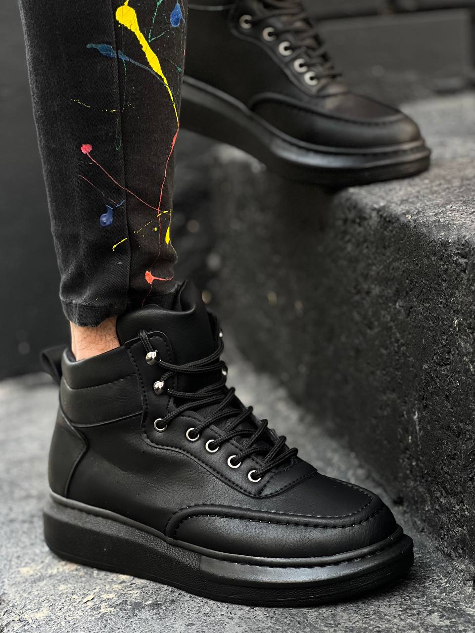 Black Skin Black High Sole Men's Ankle Boots