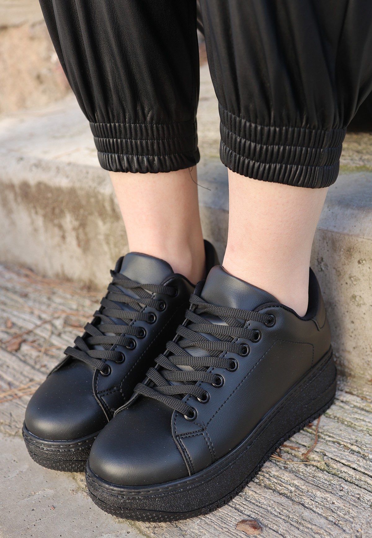 Black Skin Lace-Up Sneakers