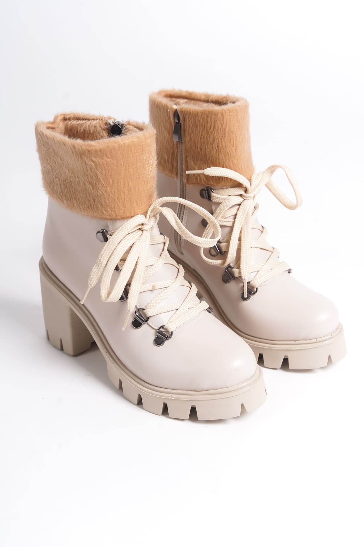 CLZ948 Lace-up Zippered Orthopedic Sole Heeled Fur Detailed Skin Women Boots KT Cream