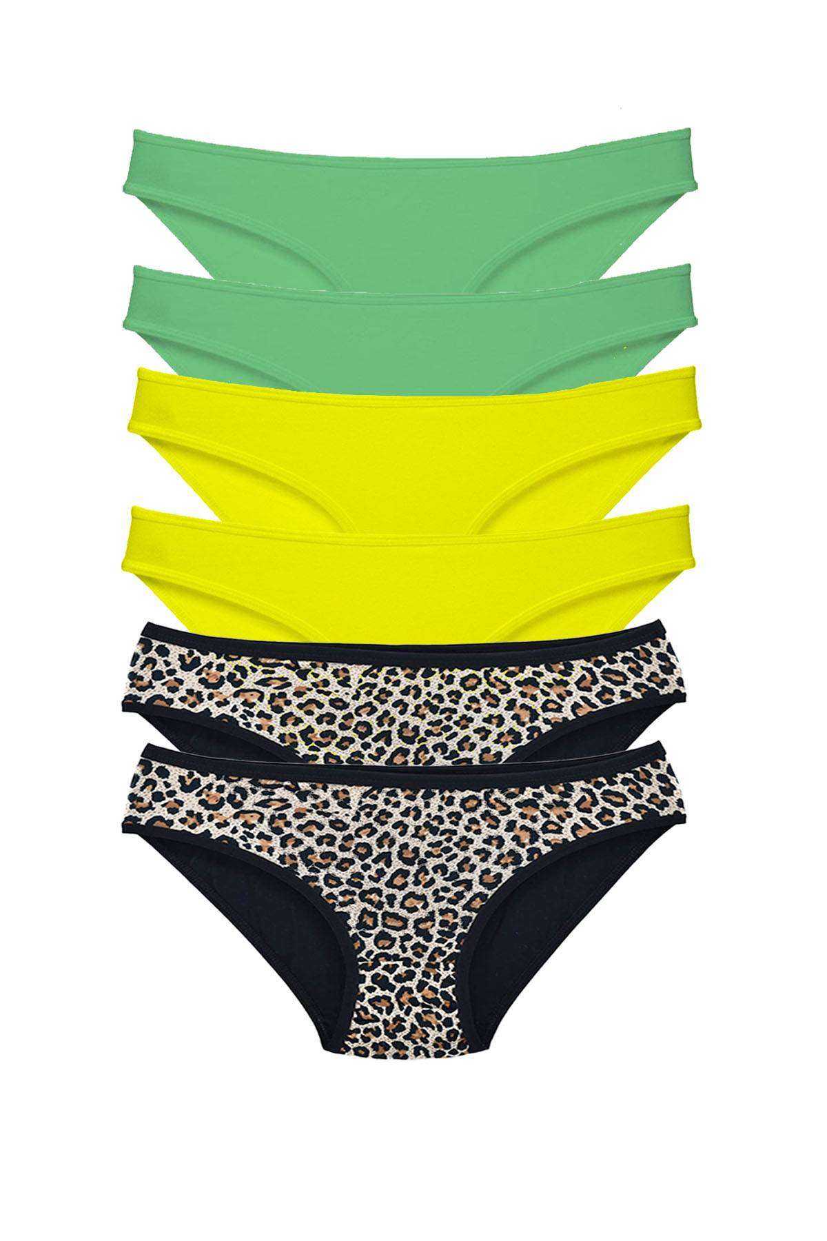 6 Pcs Lycra Women Slip Panties Leopard Green Yellow