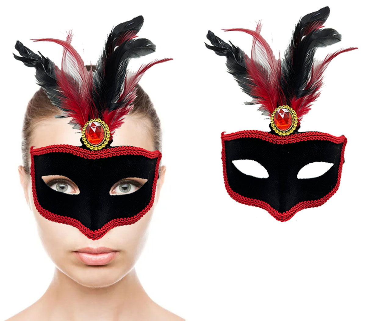 Black Suede Coating Party Mask 17x25 cm with Red Lace Black Red Feathers